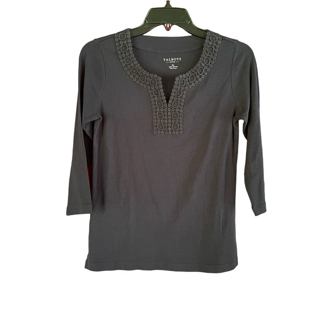 Talbots Top Navy Crochet Trim Sz SP V Neck 3/4 Sleeve Pullover Navy Capsule